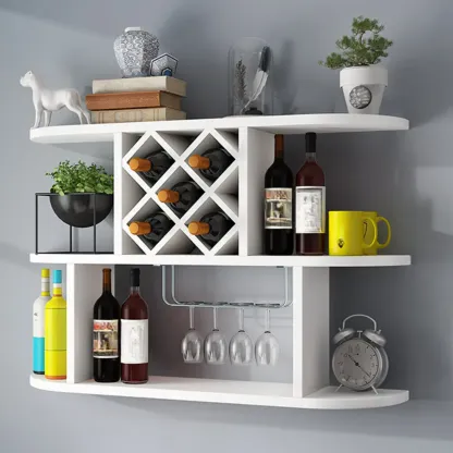 Modern Wooden Wall Mounted Wine Rack with Glass Holder Image - 15