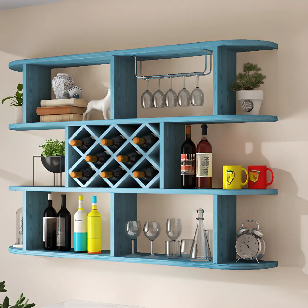 Modern Wooden Wall Mounted Wine Rack with Glass Holder Image - 17 | homeyfad