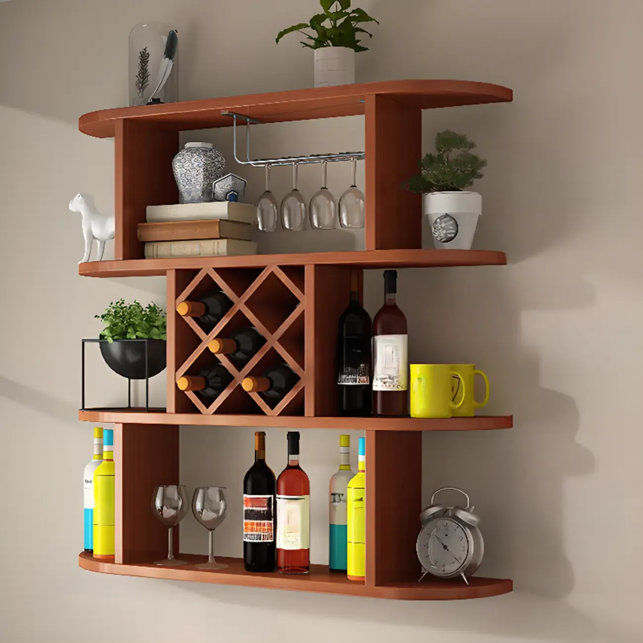 Modern Wooden Wall Mounted Wine Rack with Glass Holder Image - 18