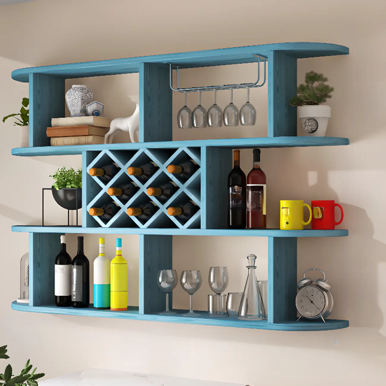 Modern Wooden Wall Mounted Wine Rack with Glass Holder Image - 19 | homeyfad