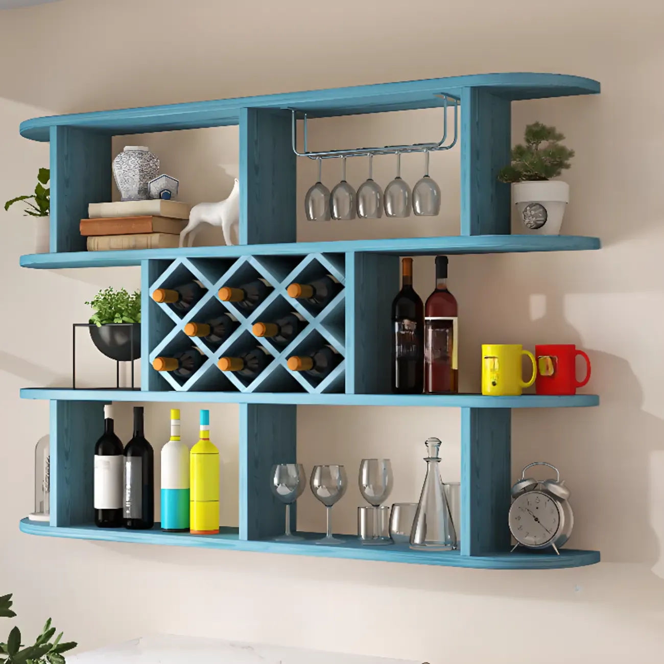 Modern Wooden Wall Mounted Wine Rack with Glass Holder Image - 19