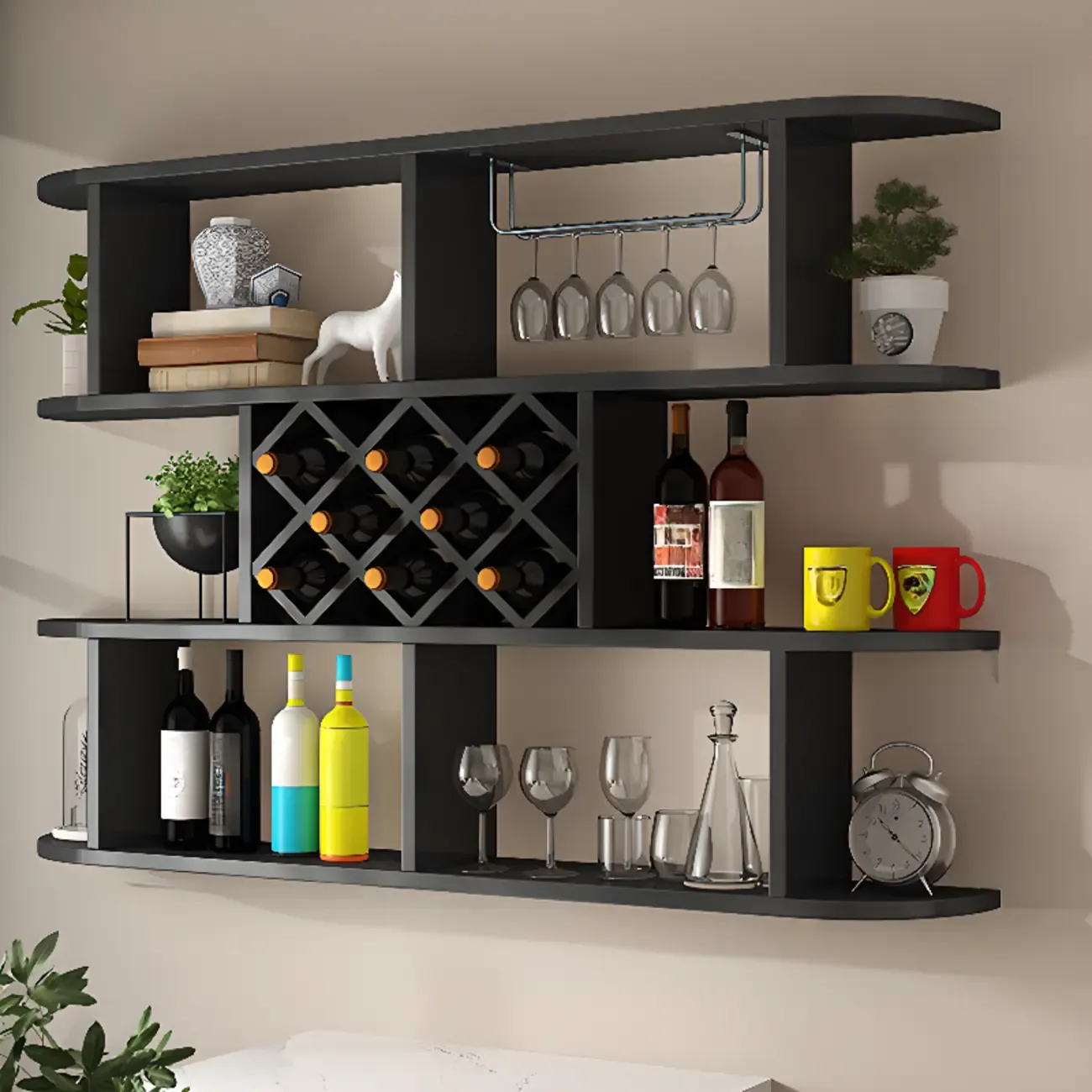 Modern Wooden Wall Mounted Wine Rack with Glass Holder Image - 20