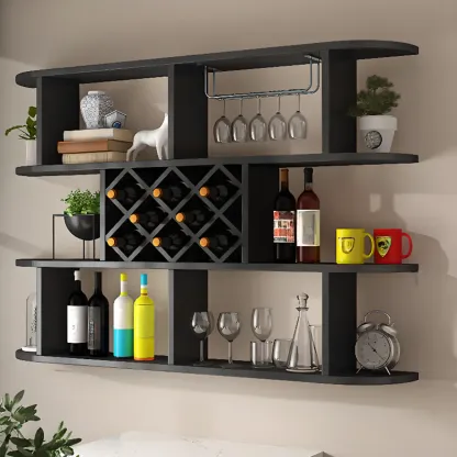 Modern Wooden Wall Mounted Wine Rack with Glass Holder Image - 20