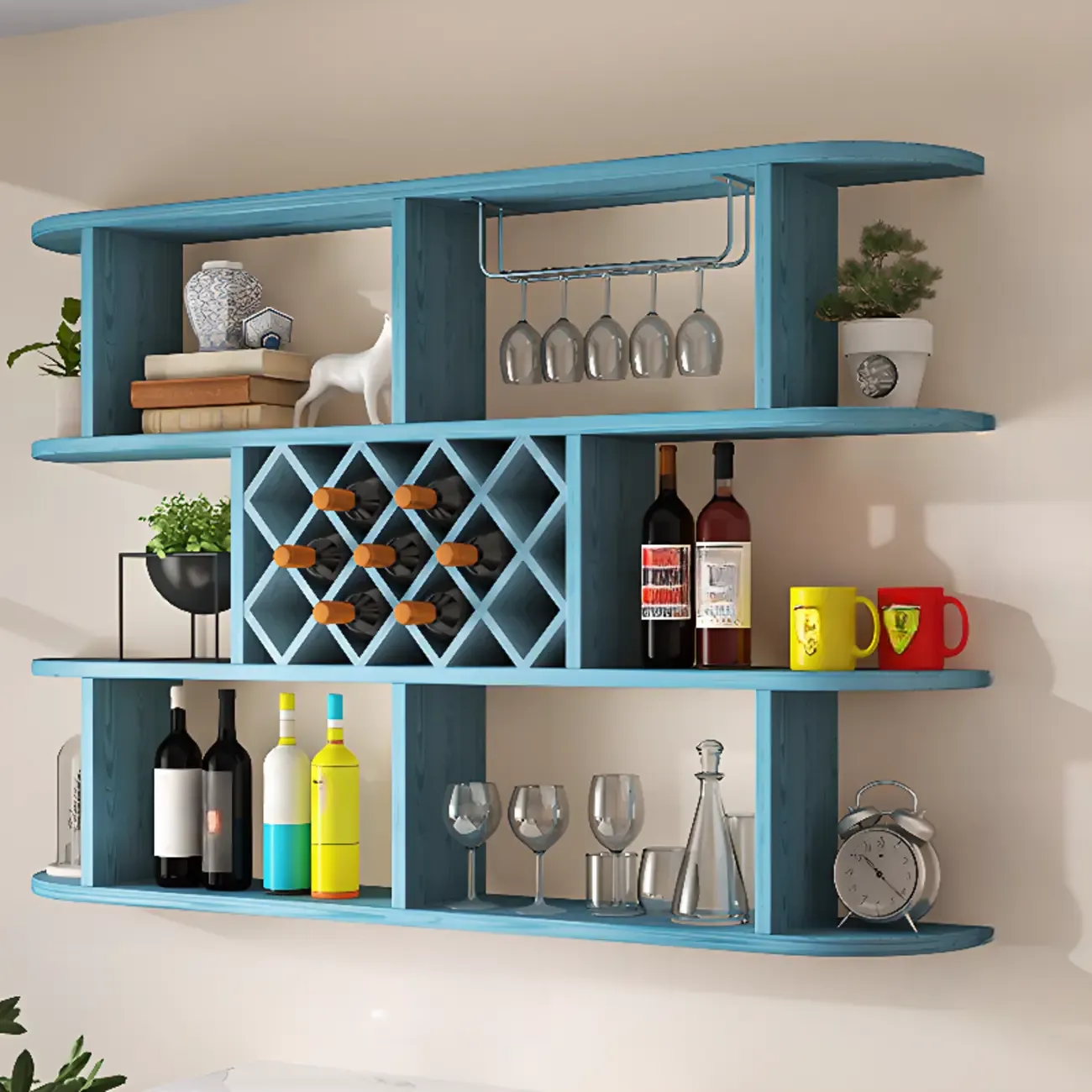 Modern Wooden Wall Mounted Wine Rack with Glass Holder Image - 21