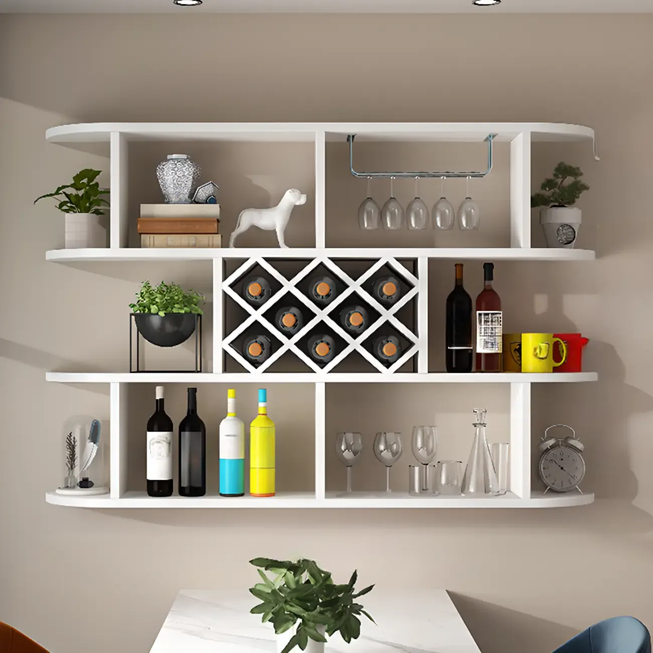 Modern Wooden Wall Mounted Wine Rack with Glass Holder Image - 23
