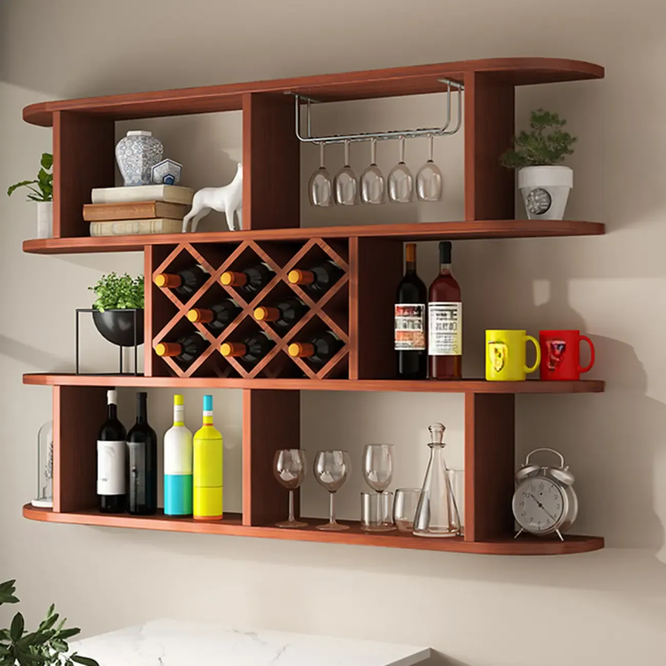 Modern Wooden Wall Mounted Wine Rack with Glass Holder Image - 24