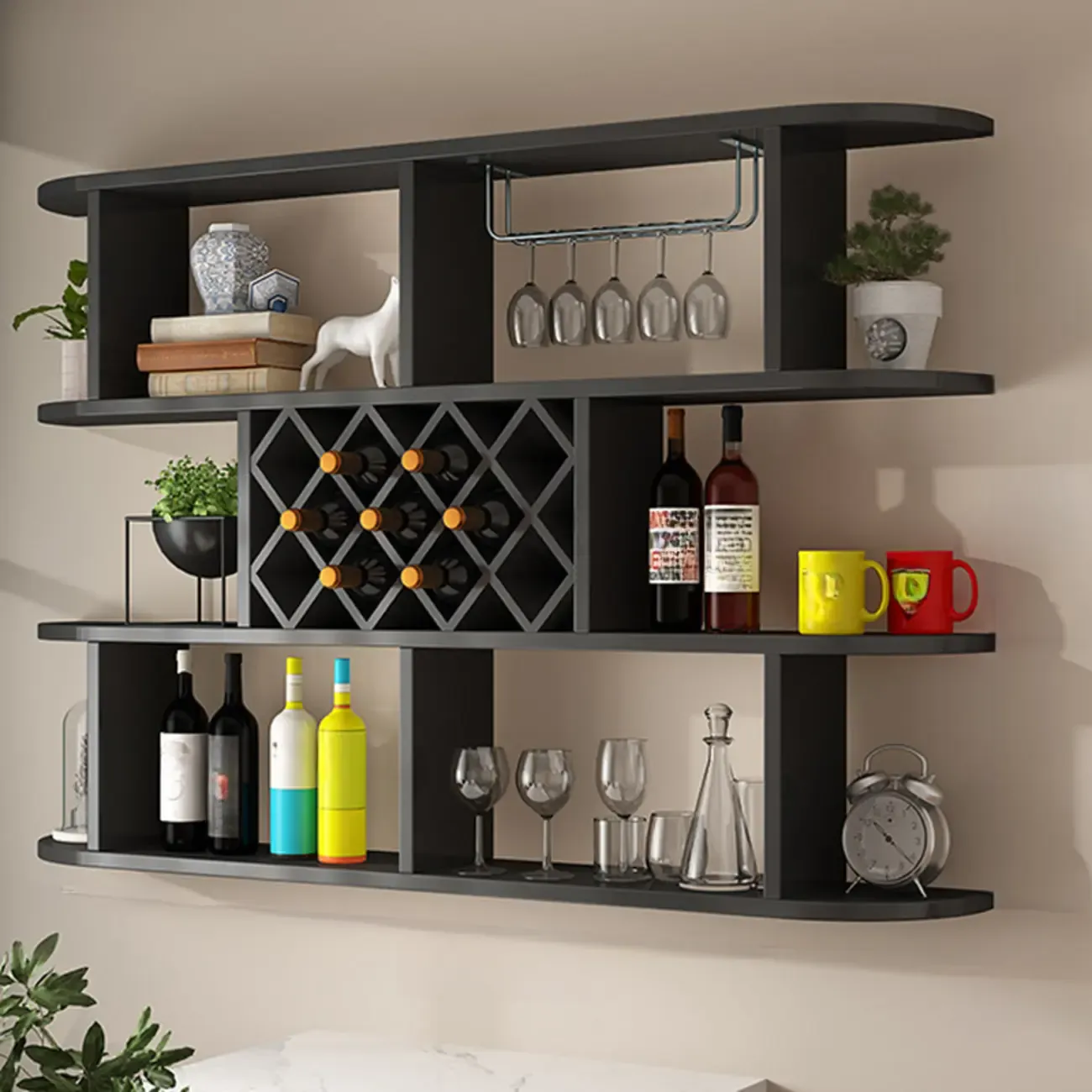 Modern Wooden Wall Mounted Wine Rack with Glass Holder Image - 25