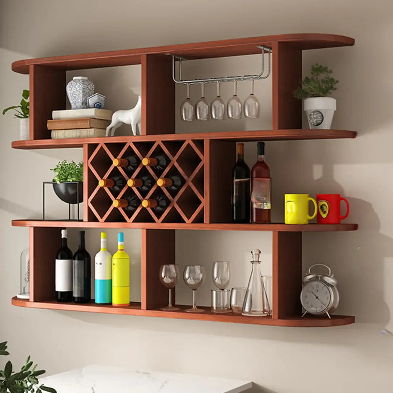 Modern Wooden Wall Mounted Wine Rack with Glass Holder Image - 26
