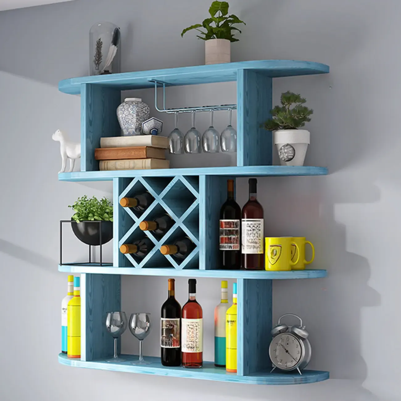 Modern Wooden Wall Mounted Wine Rack with Glass Holder Image - 27