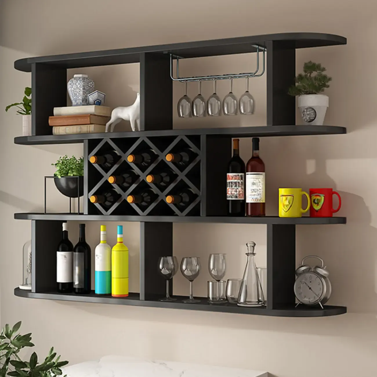 Modern Wooden Wall Mounted Wine Rack with Glass Holder Image - 28