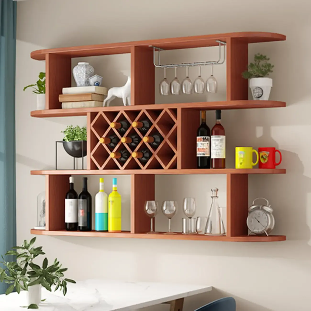 Modern Wooden Wall Mounted Wine Rack with Glass Holder Image - 29