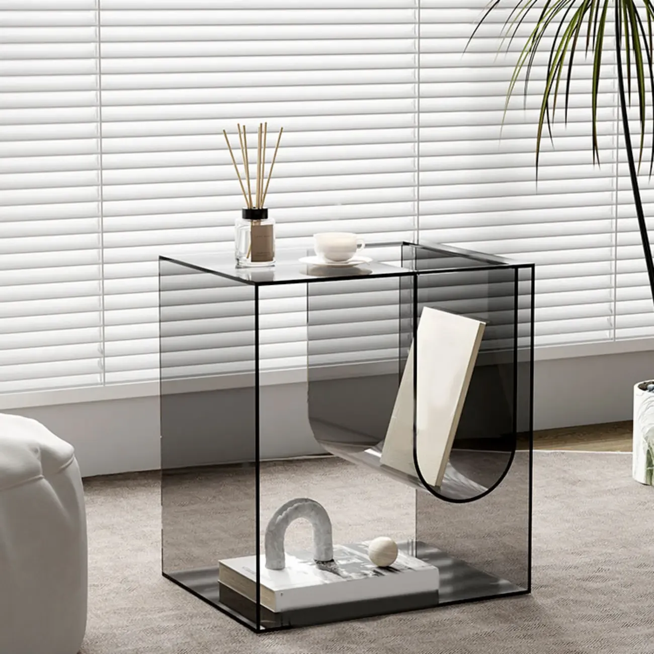 Stylish Gray Acrylic Side Table with Magazine Rack Image - 1