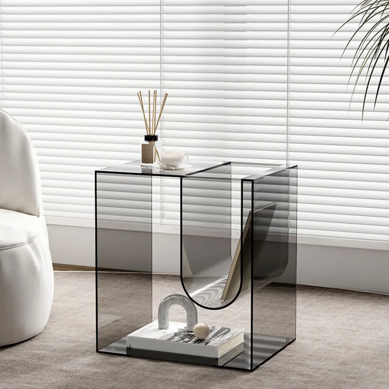 Stylish Gray Acrylic Side Table with Magazine Rack Image - 2 | homeyfad