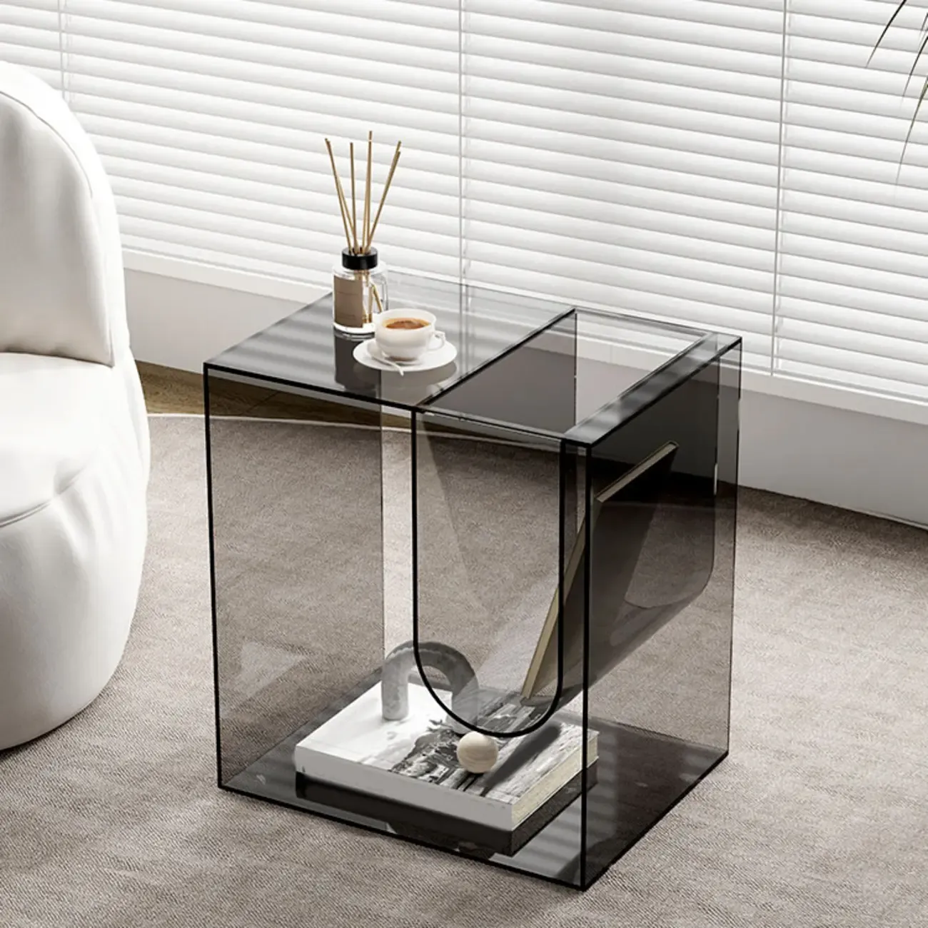 Stylish Gray Acrylic Side Table with Magazine Rack Image - 4