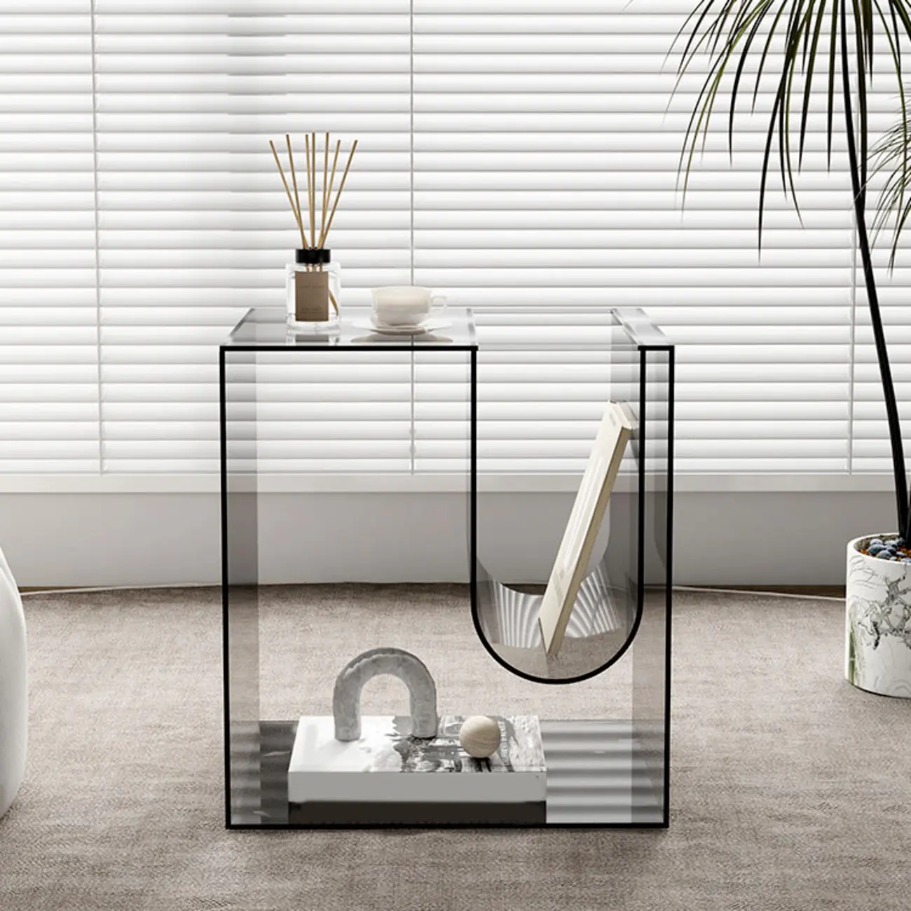 Stylish Gray Acrylic Side Table with Magazine Rack Image - 6 | homeyfad