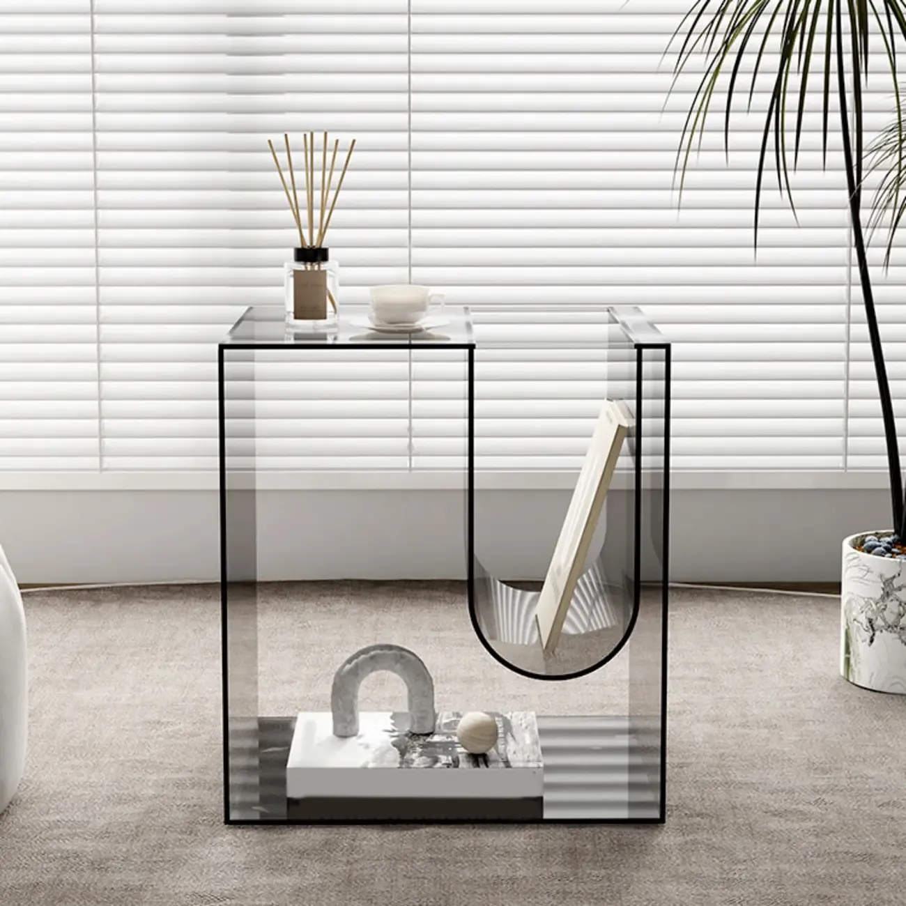 Stylish Gray Acrylic Side Table with Magazine Rack Image - 6