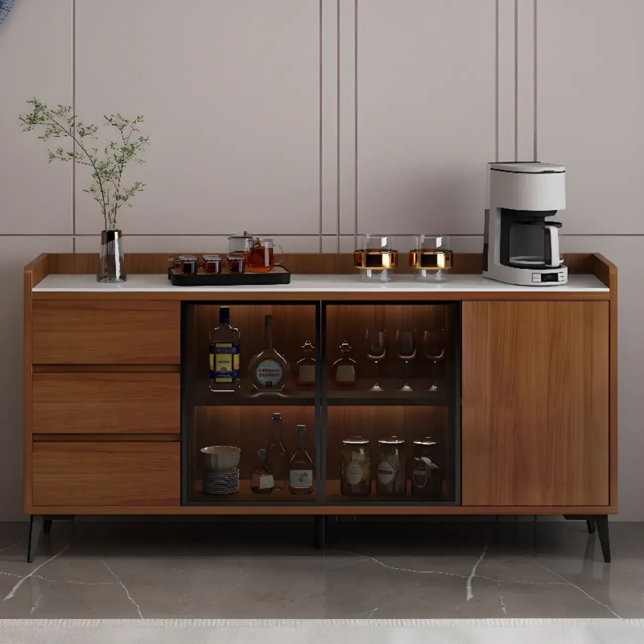 Modern Wood Freestanding Wine Cabinet with Drawers and Shelf Image - 1