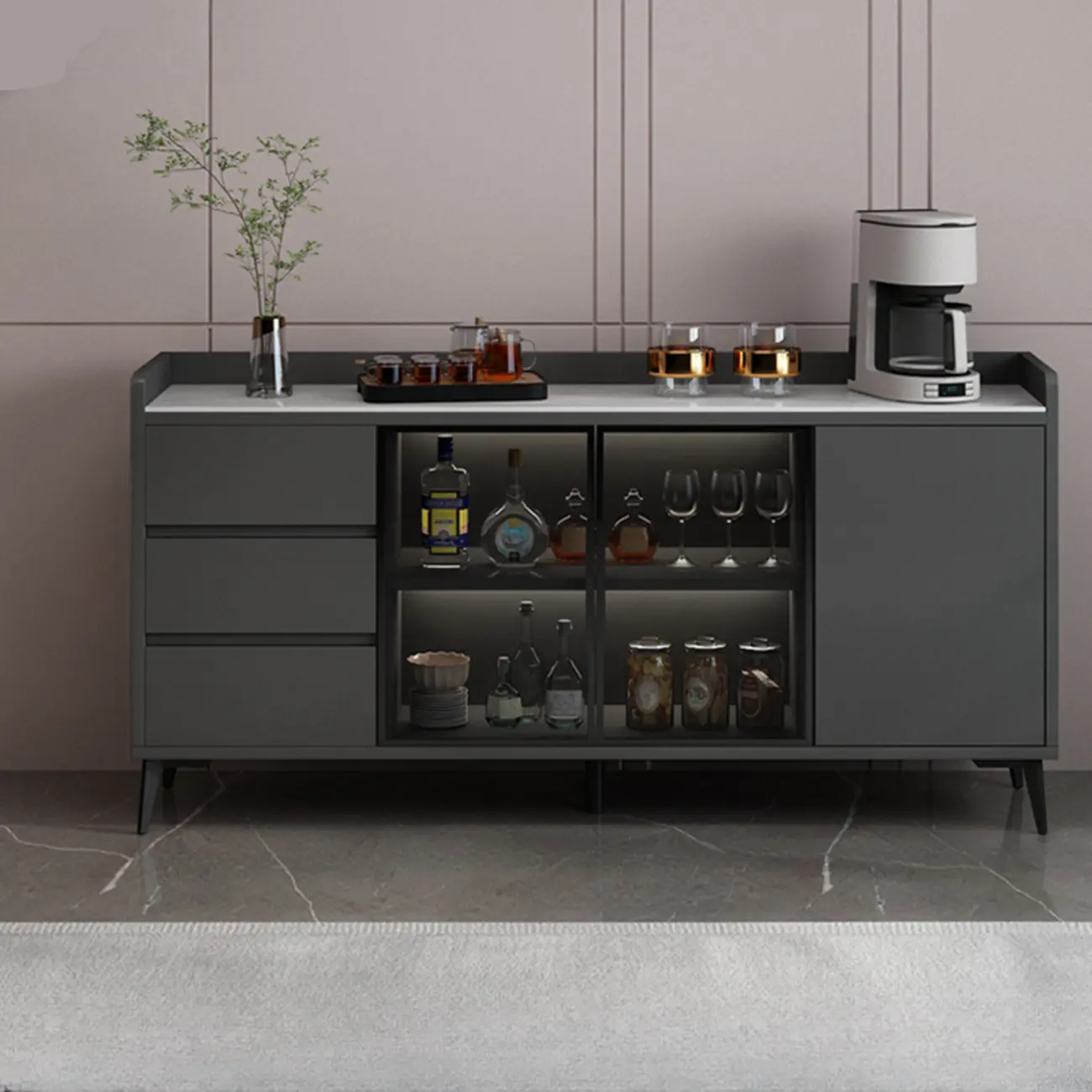 Modern Wood Freestanding Wine Cabinet with Drawers and Shelf Image - 6 | homeyfad