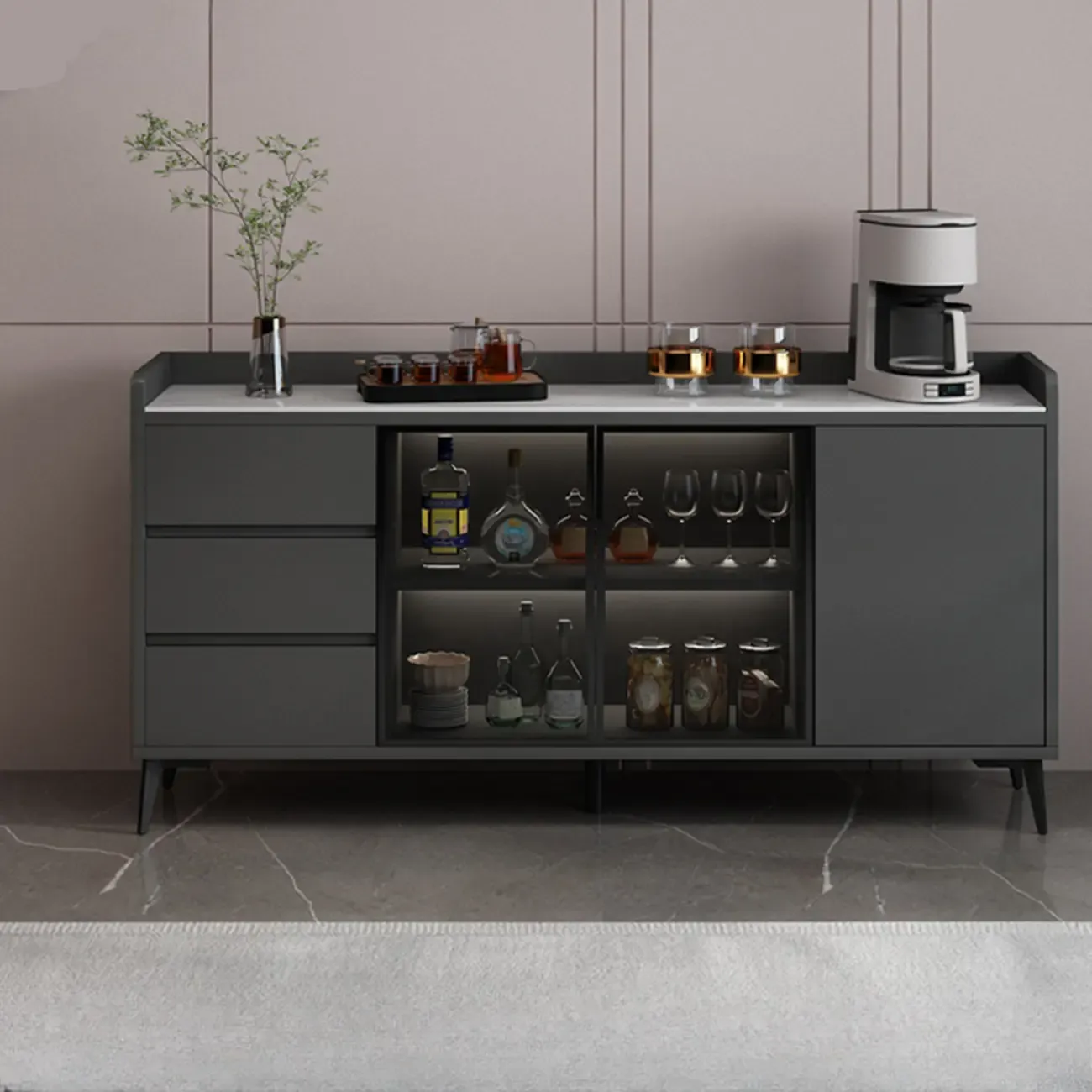 Modern Wood Freestanding Wine Cabinet with Drawers and Shelf Image - 6