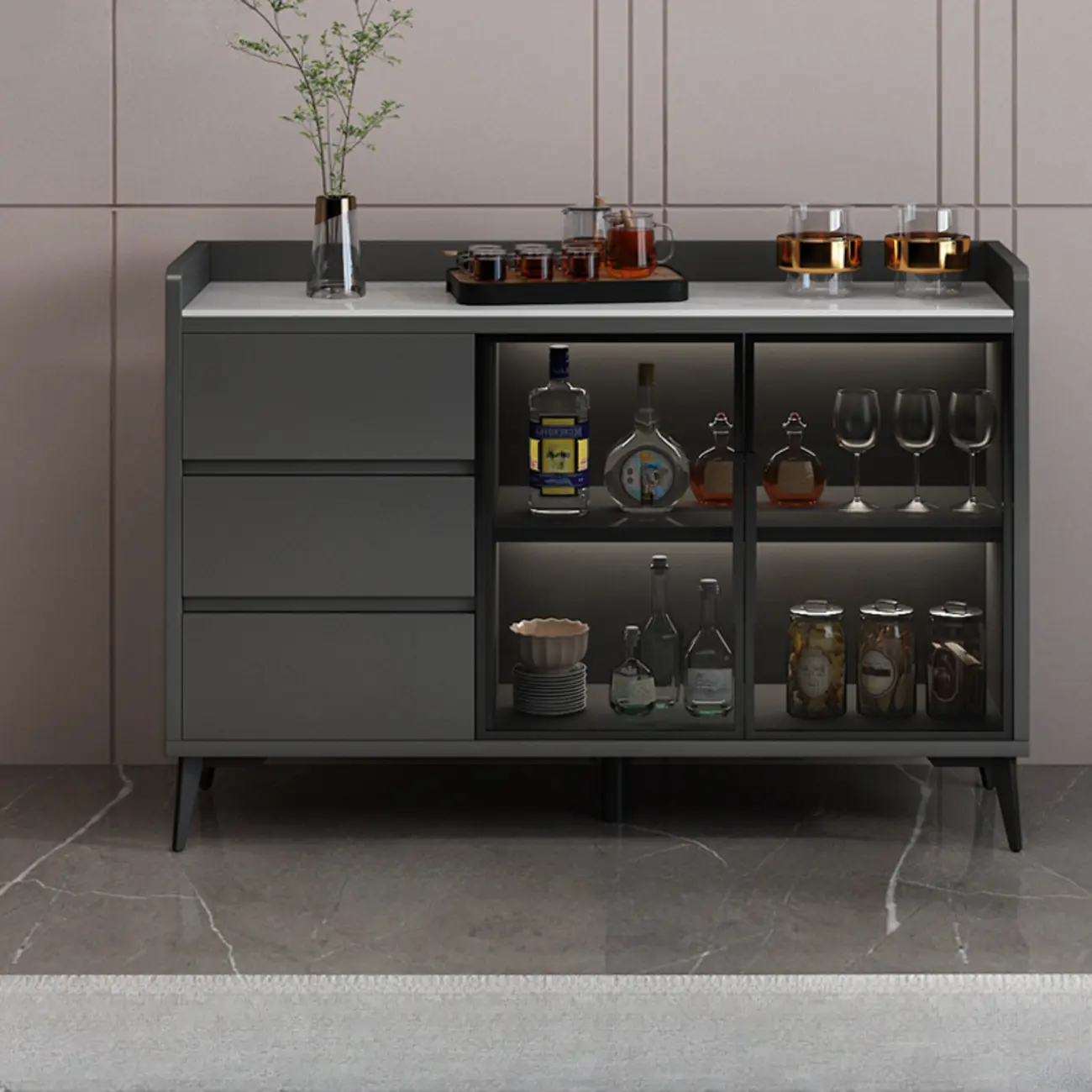 Modern Wood Freestanding Wine Cabinet with Drawers and Shelf Image - 7 | homeyfad