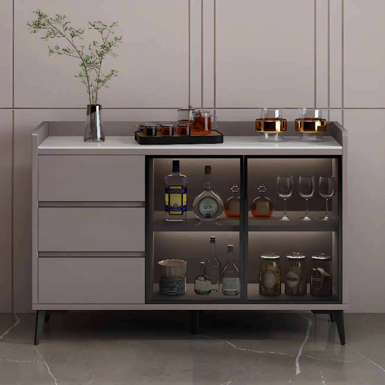 Modern Wood Freestanding Wine Cabinet with Drawers and Shelf Image - 8 | homeyfad