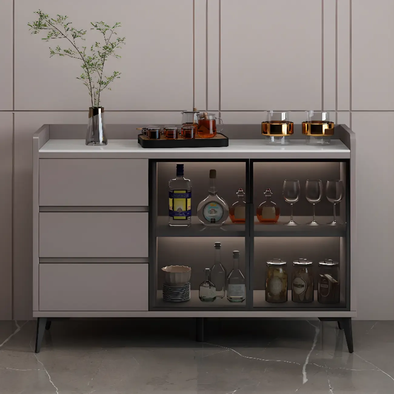 Modern Wood Freestanding Wine Cabinet with Drawers and Shelf Image - 8