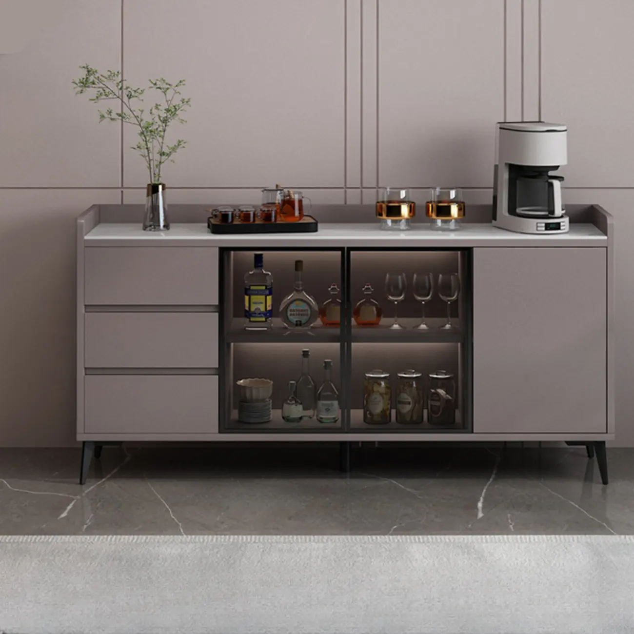 Modern Wood Freestanding Wine Cabinet with Drawers and Shelf Image - 9 | homeyfad