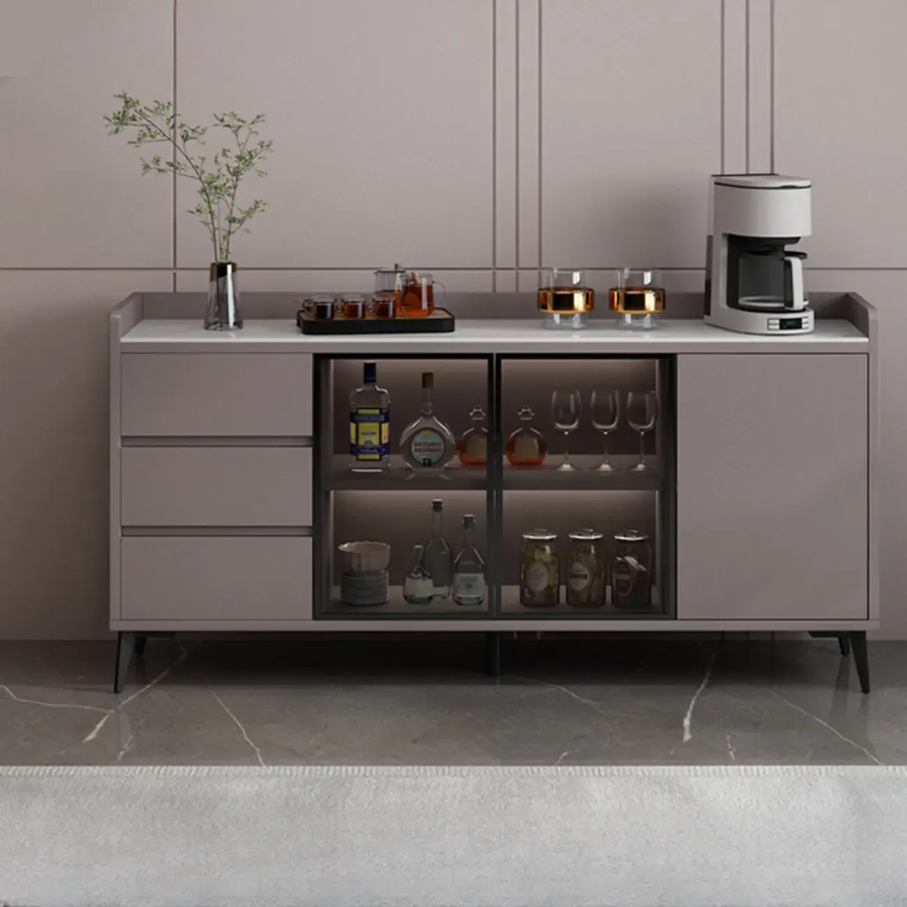 Modern Wood Freestanding Wine Cabinet with Drawers and Shelf Image - 9