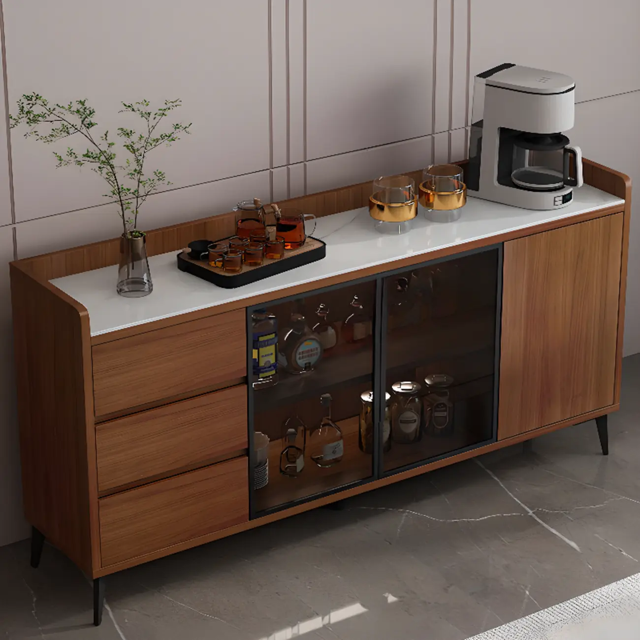 Modern Wood Freestanding Wine Cabinet with Drawers and Shelf Image - 6 | homeyfad