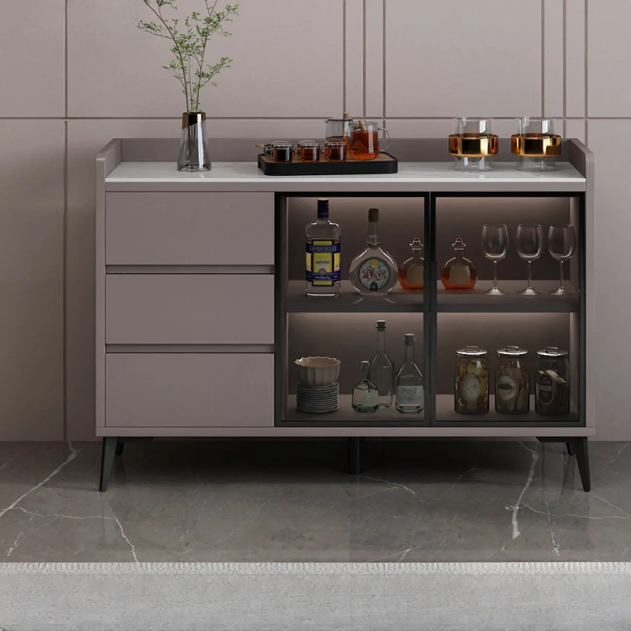 Modern Wood Freestanding Wine Cabinet with Drawers and Shelf Image - 10 | homeyfad