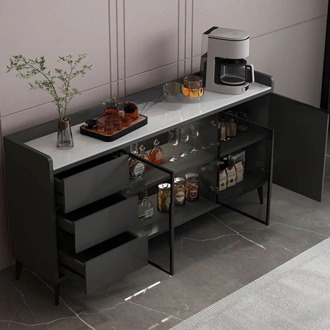 Modern Wood Freestanding Wine Cabinet with Drawers and Shelf Image - 11 | homeyfad