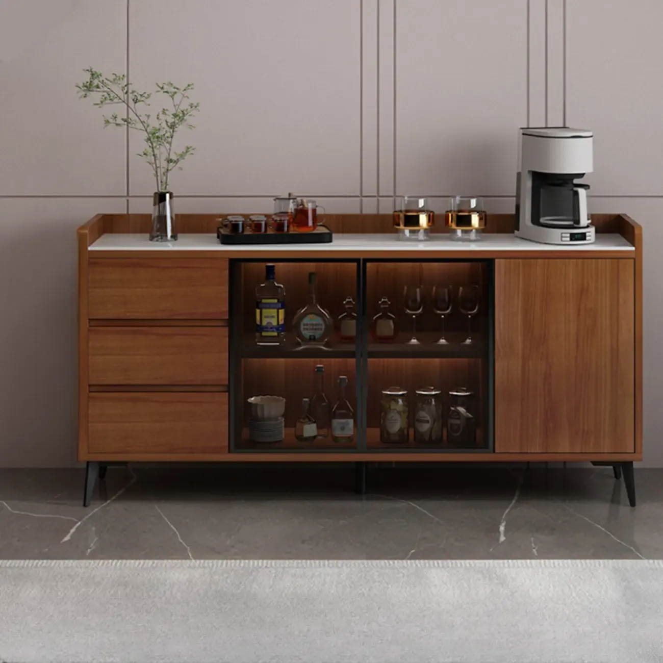 Modern Wood Freestanding Wine Cabinet with Drawers and Shelf Image - 12