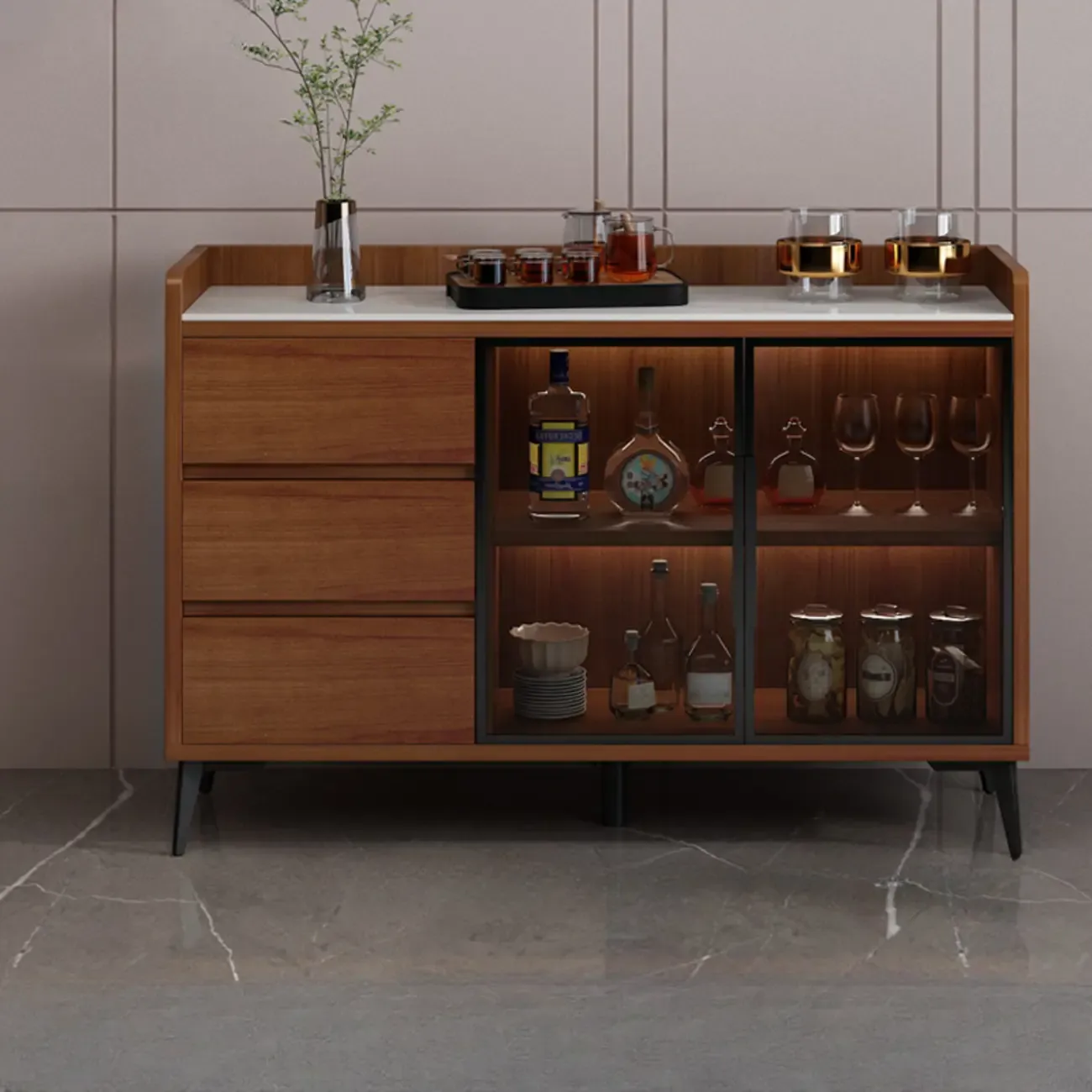Modern Wood Freestanding Wine Cabinet with Drawers and Shelf Image - 3