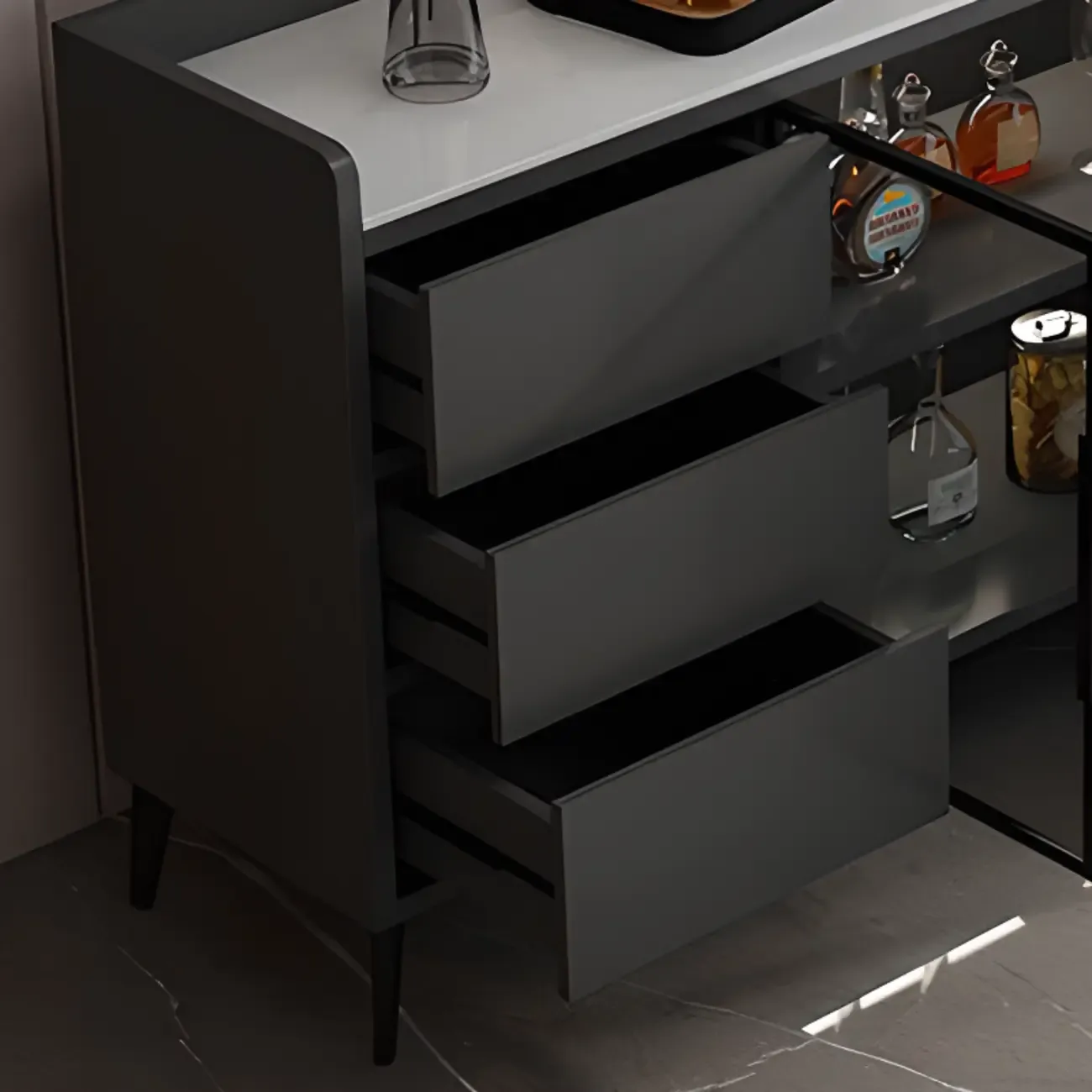 Modern Wood Freestanding Wine Cabinet with Drawers and Shelf Image - 14