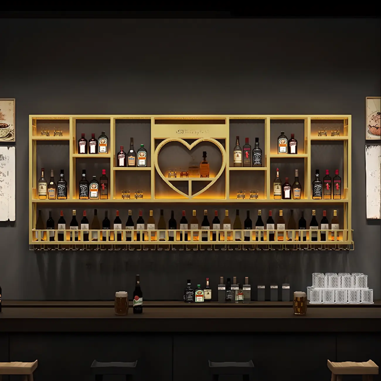 Wall Mounted Gold Wine Rack Heart Shaped with Glass Holder Image - 1 | homeyfad