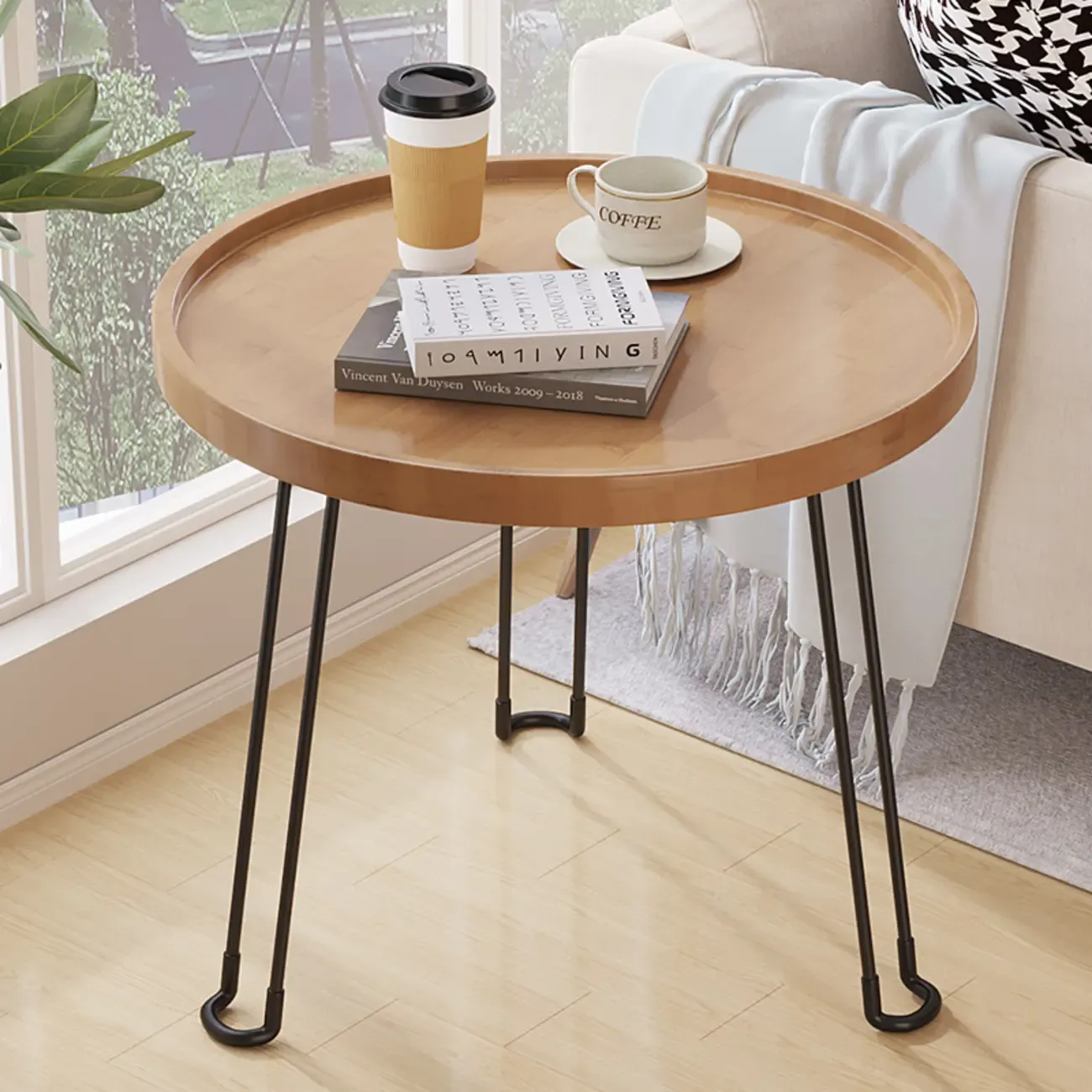 Round Natural Wood Tray Top End Table for Living Room Image - 1