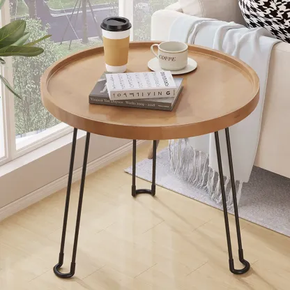 Round Natural Wood Tray Top End Table for Living Room Image - 1