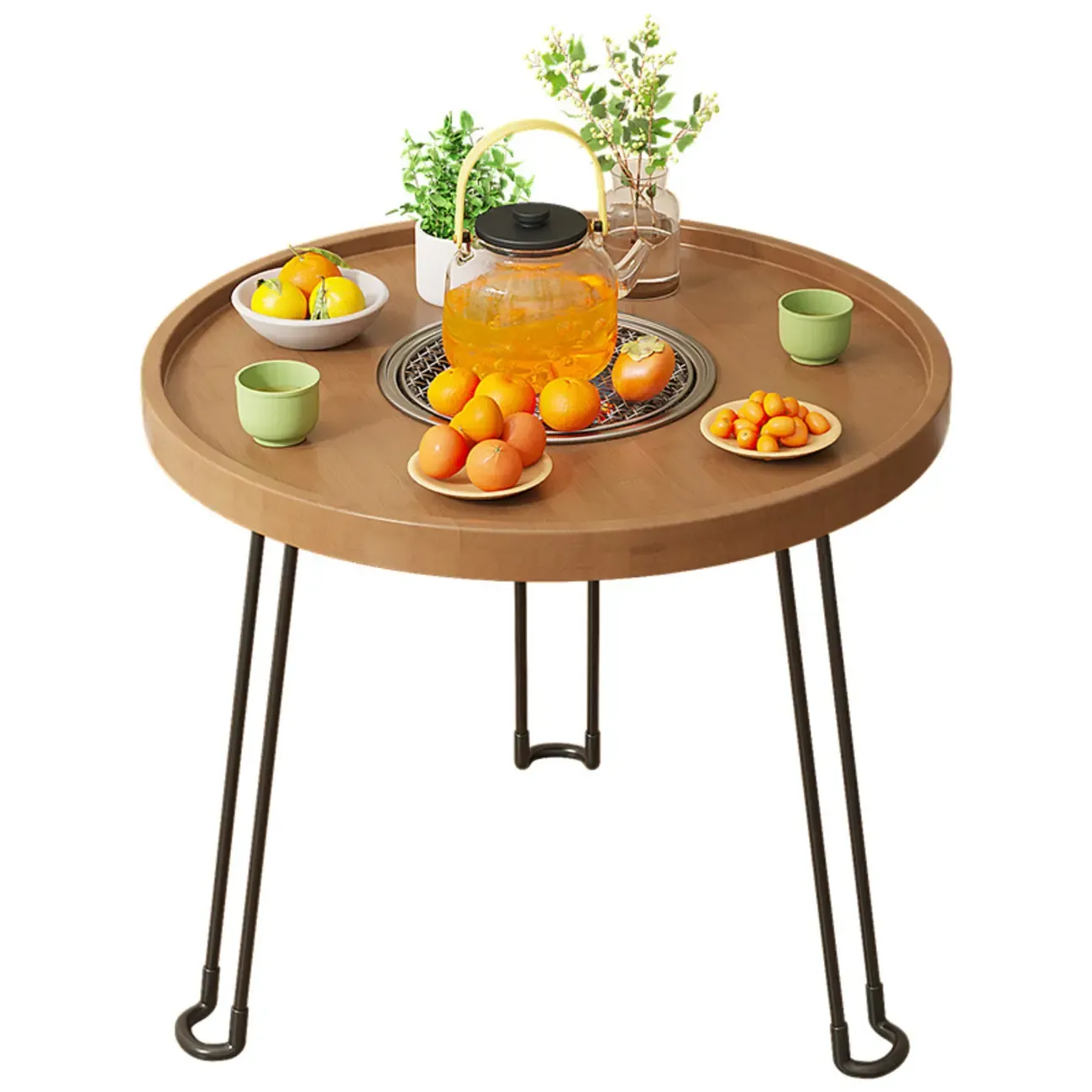 Round Natural Wood Tray Top End Table for Living Room Image - 2