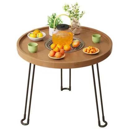 Round Natural Wood Tray Top End Table for Living Room Image - 2