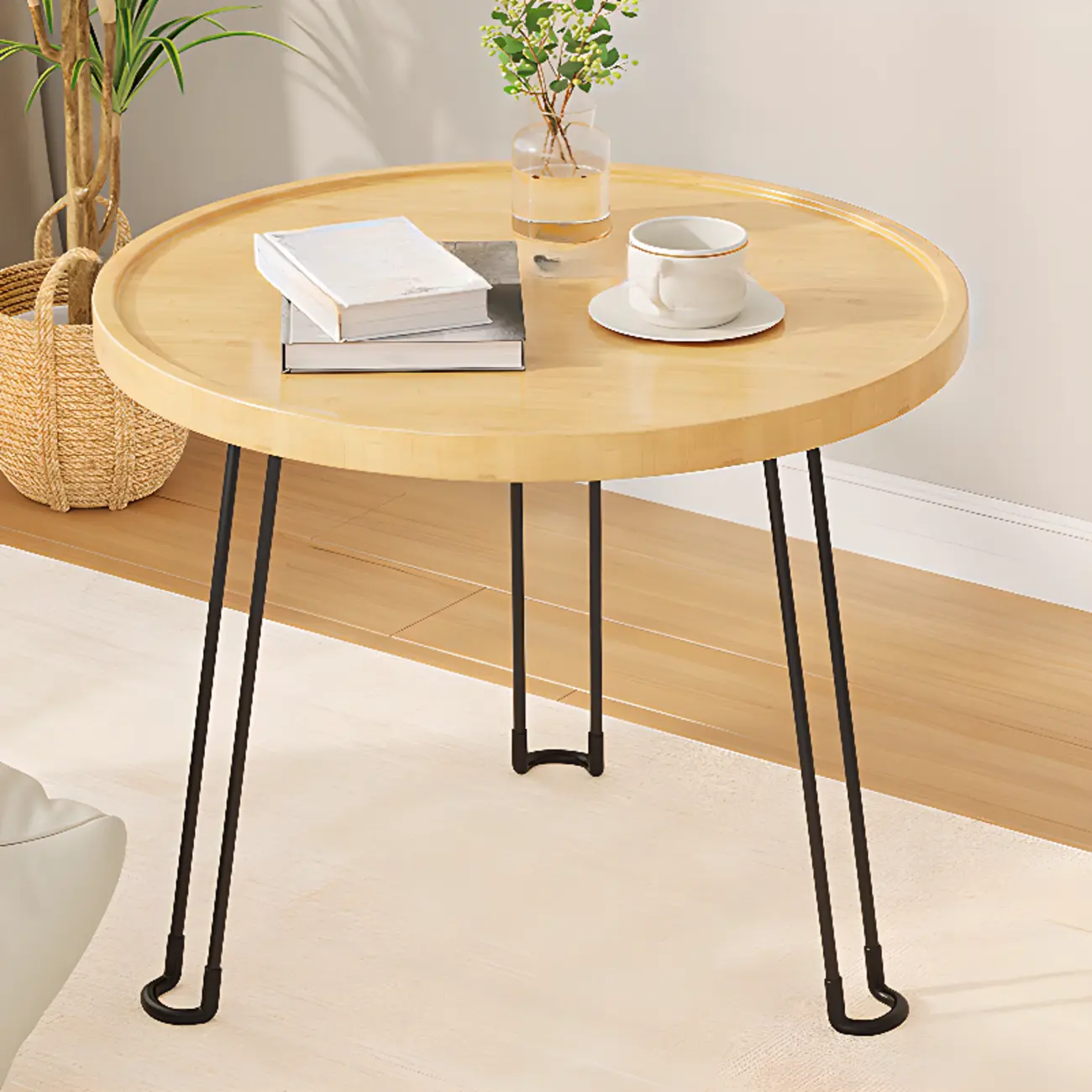 Round Natural Wood Tray Top End Table for Living Room Image - 4 | homeyfad
