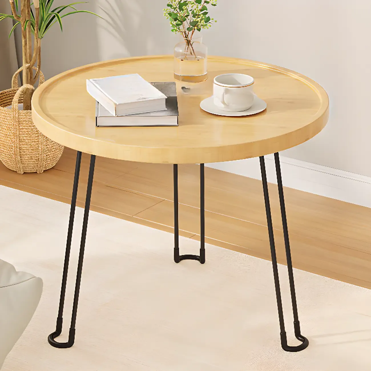 Round Natural Wood Tray Top End Table for Living Room Image - 4