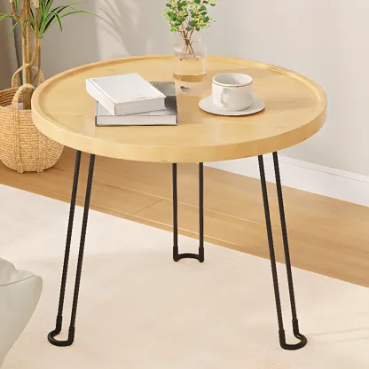 Round Natural Wood Tray Top End Table for Living Room Image - 4