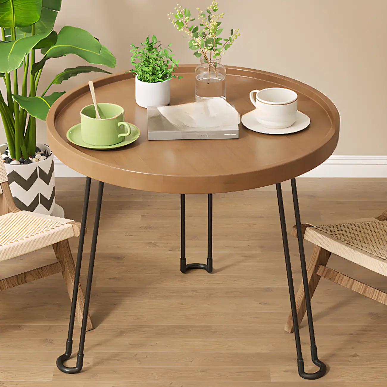 Round Natural Wood Tray Top End Table for Living Room Image - 9 | homeyfad
