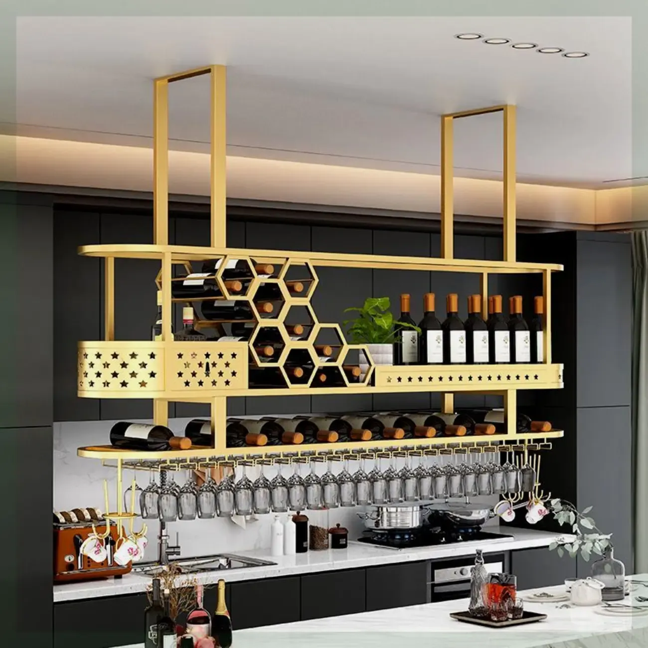 Metal Hanging Wine Rack with Glass Holder in Modern Glam Image - 1