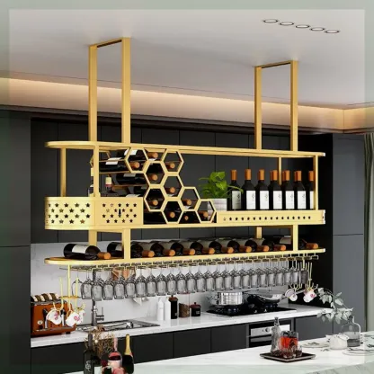 Metal Hanging Wine Rack with Glass Holder in Modern Glam Image - 1