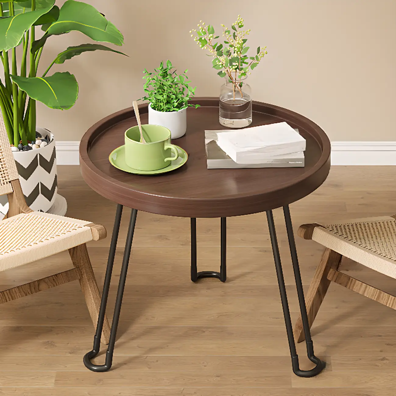 Round Natural Wood Tray Top End Table for Living Room Image - 10 | homeyfad