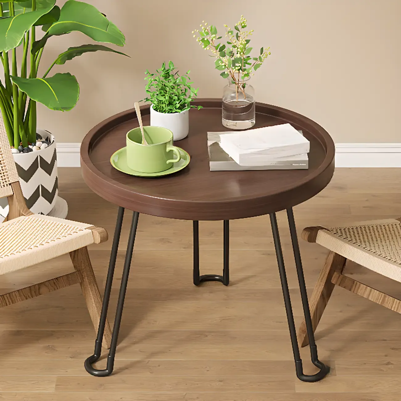 Round Natural Wood Tray Top End Table for Living Room Image - 10