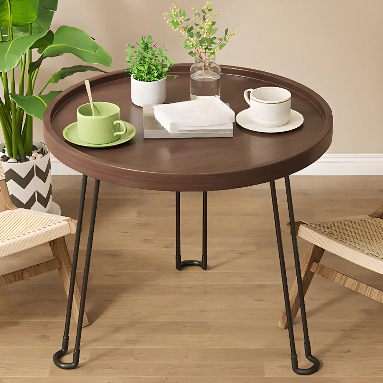 Round Natural Wood Tray Top End Table for Living Room Image - 11
