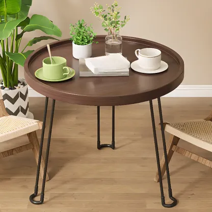 Round Natural Wood Tray Top End Table for Living Room Image - 11