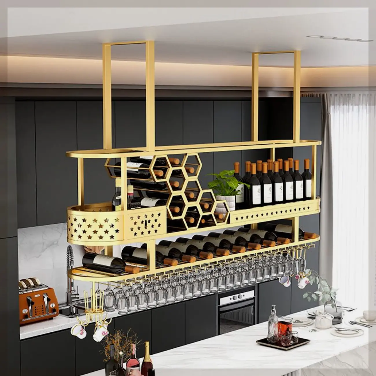 Metal Hanging Wine Rack with Glass Holder in Modern Glam Image - 4 | homeyfad